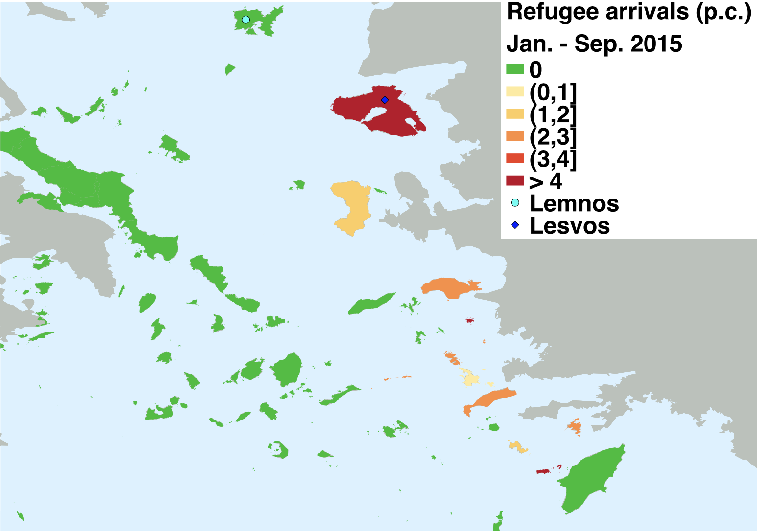 Island proximity to the Turkish coast and refugees per capita